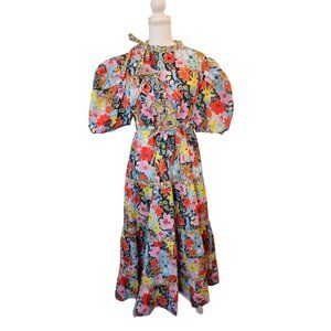 Celia B Floral Puff Sleeve Midi Dress With Ruffle Details & Tie Neck